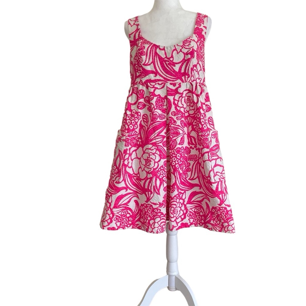 Anthropologie Pink and White Floral Sleeveless Cut Out Back A Line Dress Size 10